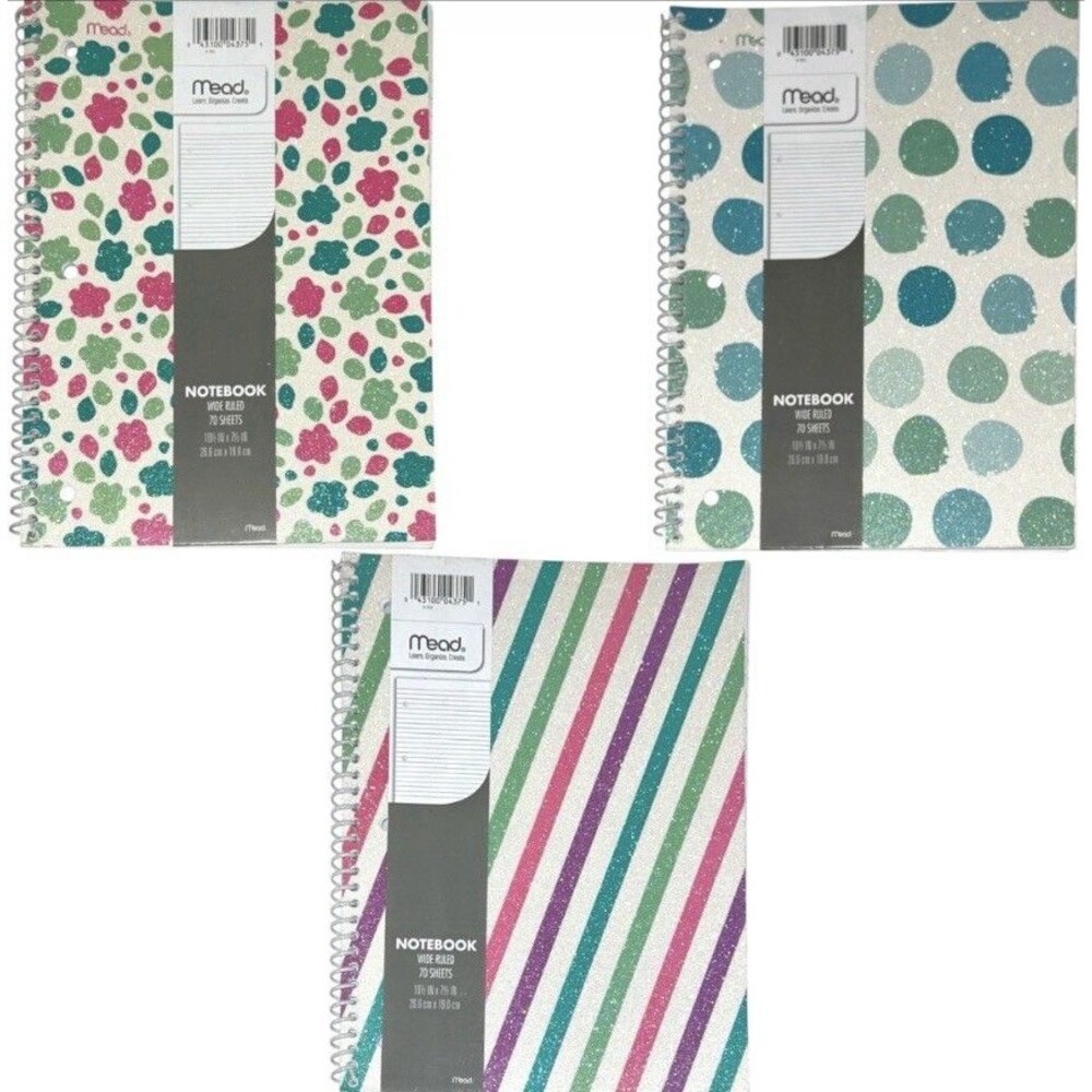 3x Mead Sparkle Glitter Glam Wide Ruled Spiral Notebook 70 Sheets Each